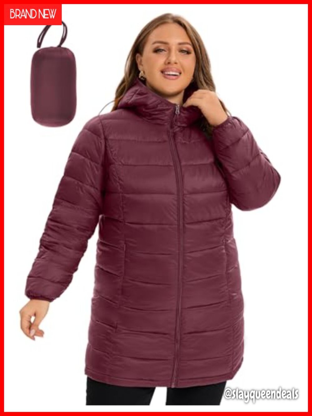 Plus Size Packable Puffer Jacket with Hood, Lightweight Quilted Coat